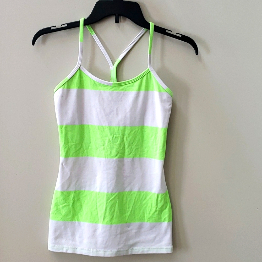 Lululemon white & neon green striped tank sz 4